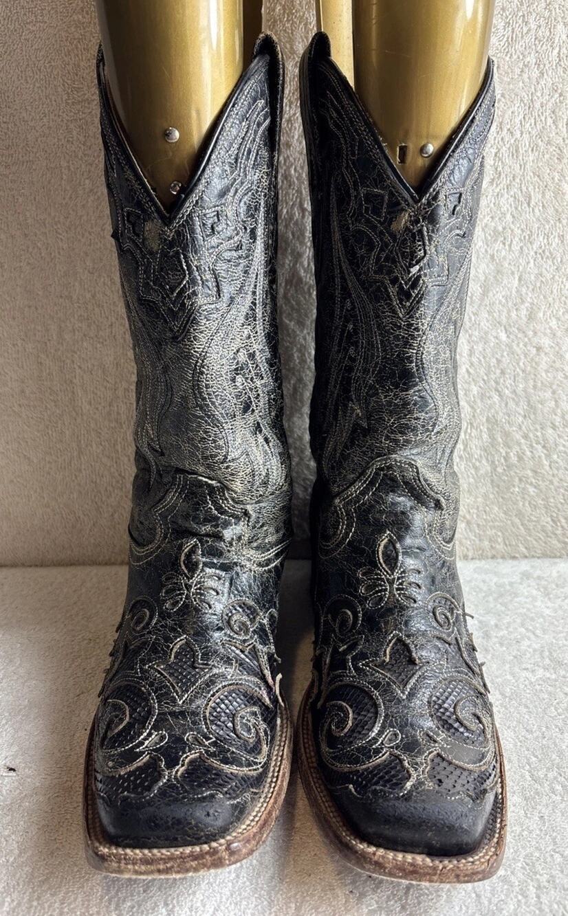 Corral Black A2402 Snake Inlay Leather Sq Toe Western Cowgirl Boots Women's 8.5M